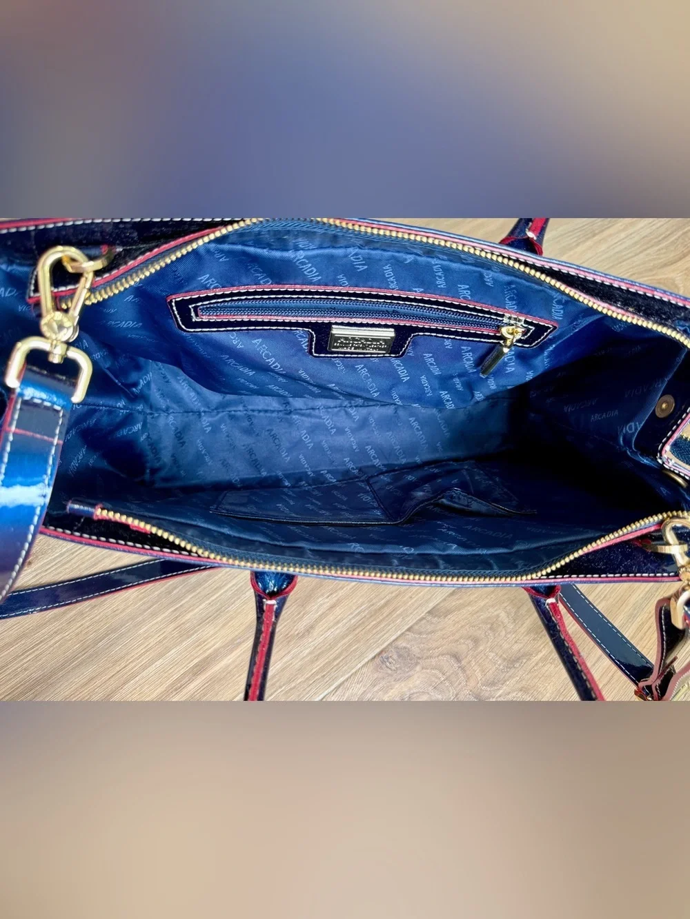 Arcadia Made in Italy Navy Blue Patent Leather Embossed Satchel Tote Bag